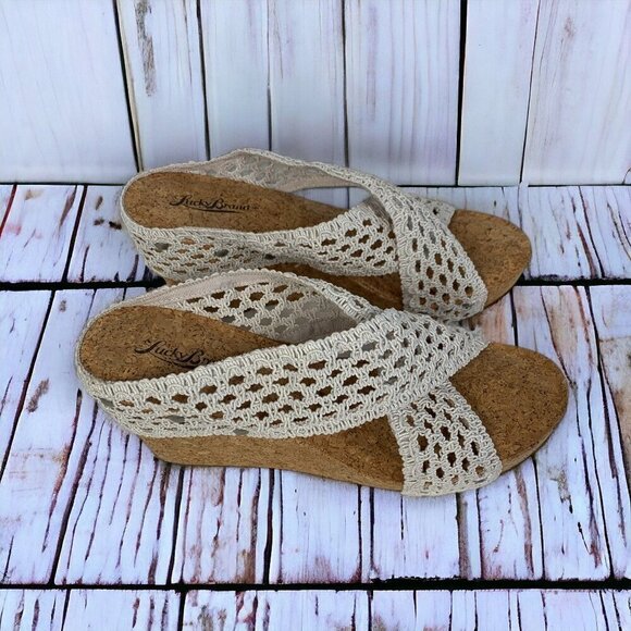 Lucky Brand Miller II Crochet Lace Wedges White Fabric Cork Platform Size 10 - Picture 4 of 8